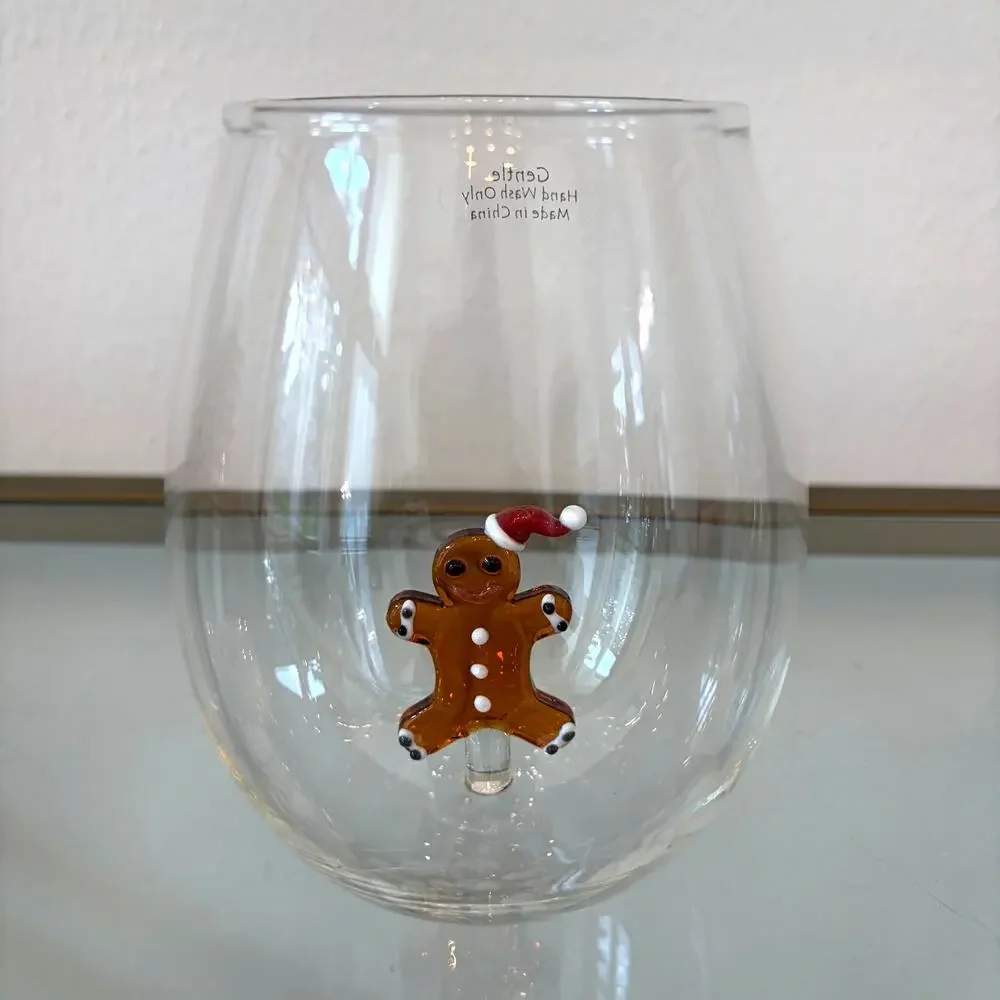 Gingerbread Man Stemless Wine Glass 3D Festive Holiday Barware NEW